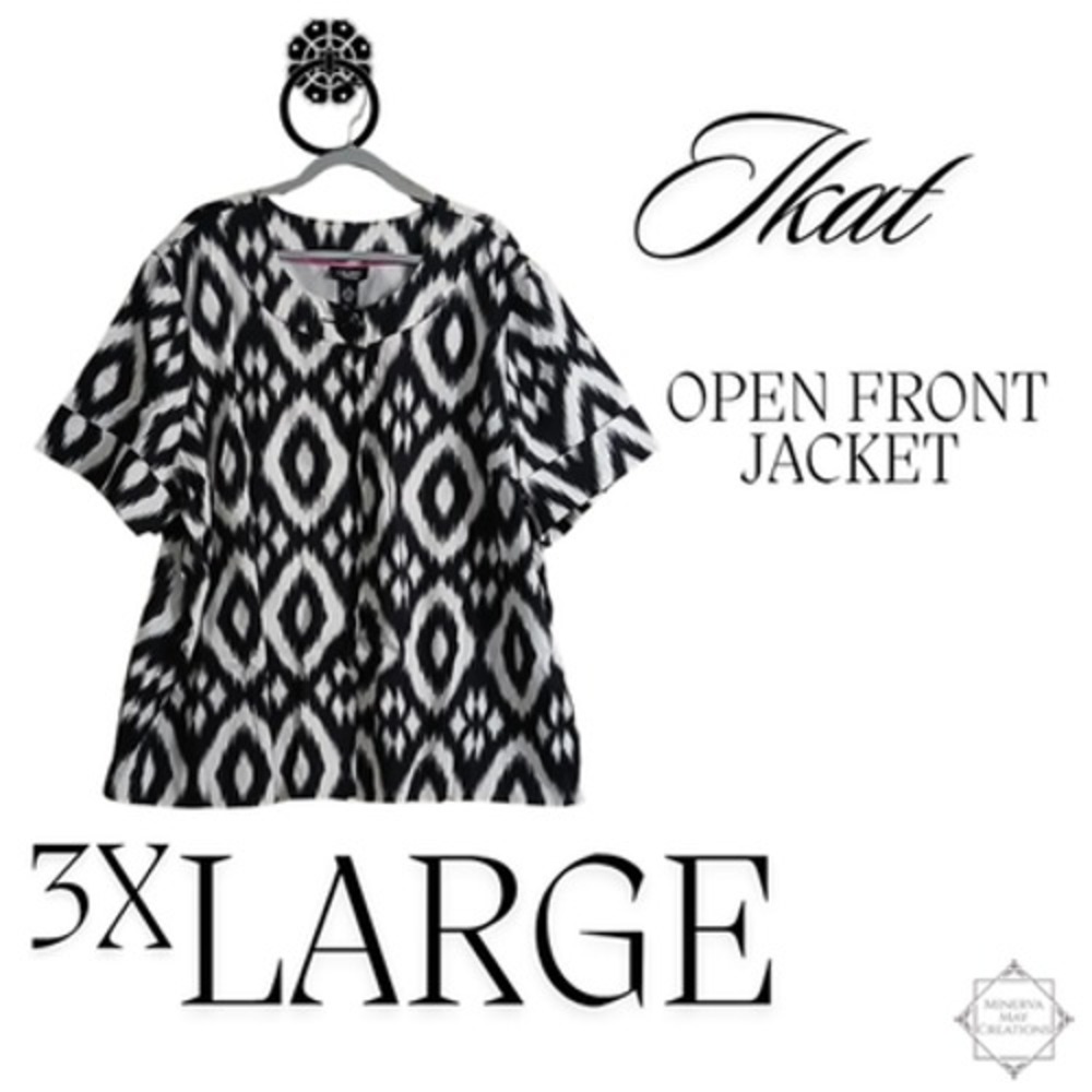 Liz & Me Jacket Womens 3X Black White Ikat Open Front Short Sleeve Knit Boho
